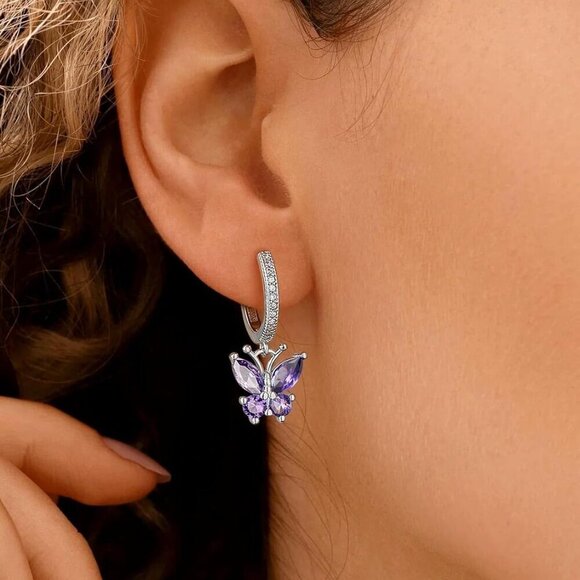 Sterling Silver Butterfly Earrings with Amethyst Dangles Youthful Gift for Women - Picture 3 of 9
